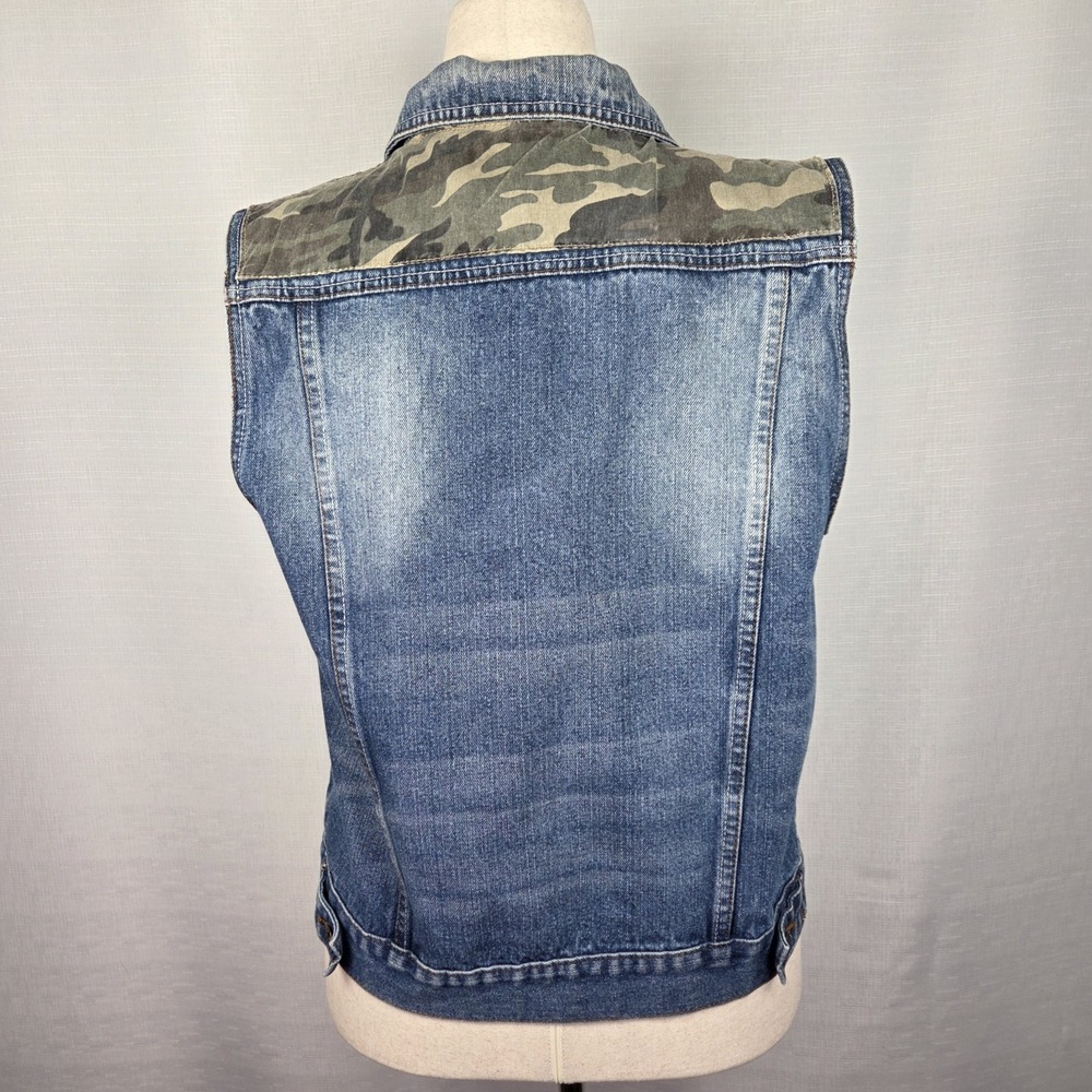 Carbon Sleeveless Denim Vest Women's Medium Camo‎ Print Distressed Grunge Punk - Picture 4 of 4
